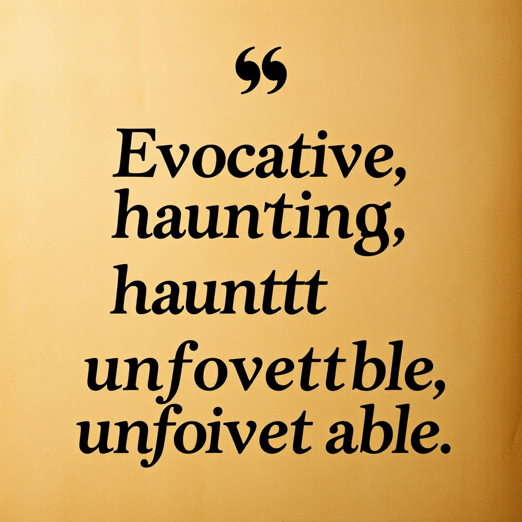 A visually striking depiction of black text set against a textured parchment background, featuring the quote: "Evocative, haunting, and unforgettable