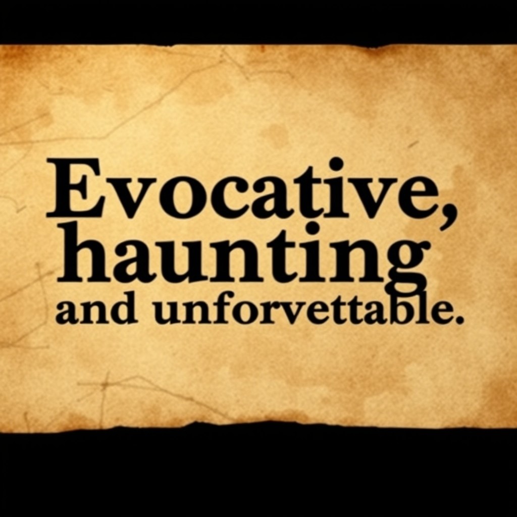 A visually striking depiction of black text set against a textured parchment background, featuring the quote: "Evocative, haunting, and unforgettable