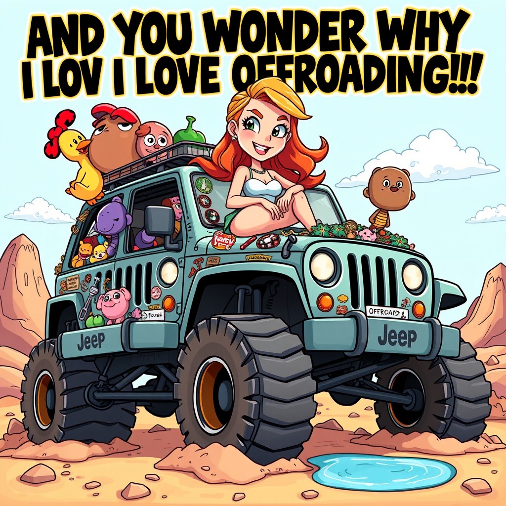 A vibrant and funny cartoon-style illustration featuring a beautiful female character with a cheerful expression, sitting confidently on top of a ridiculously decorated jeep