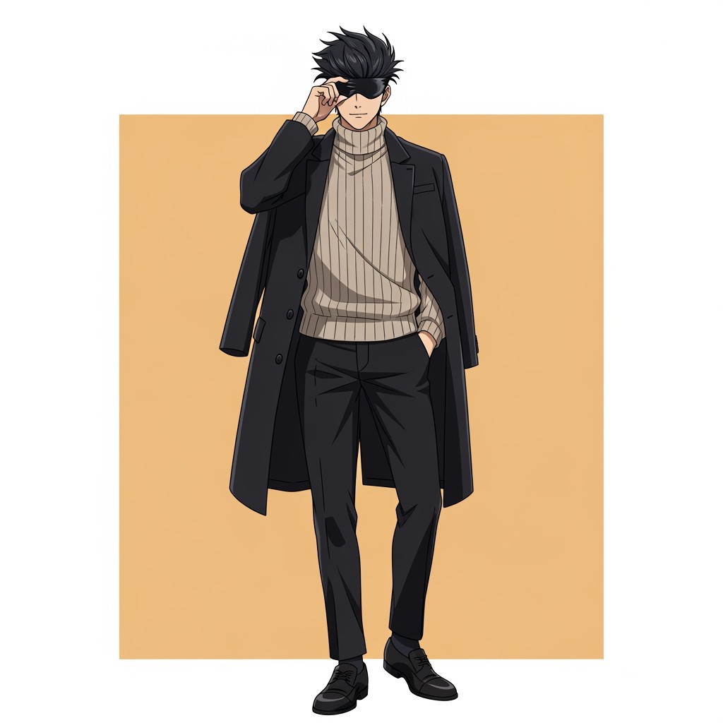 A male anime character in his 20s with athletic build and striking black hair that slightly frames his forehead
