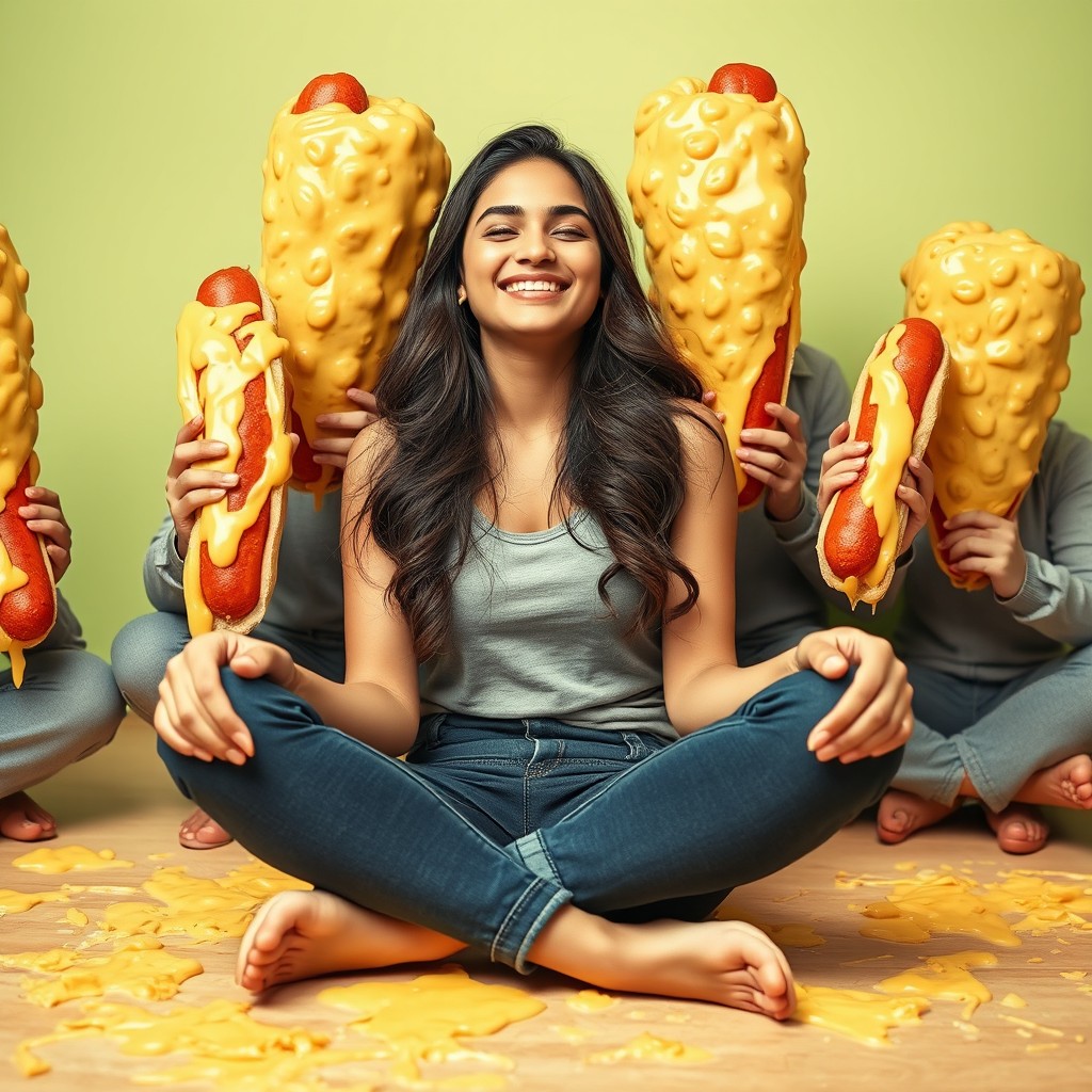 A very attractive young Pakistani woman sitting cross-legged and smiling with her eyes closed, wearing tight jeans