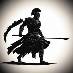 Create a powerful image of a Roman centurion in black silhouette, brandishing a spear and charging forward on a chariot.