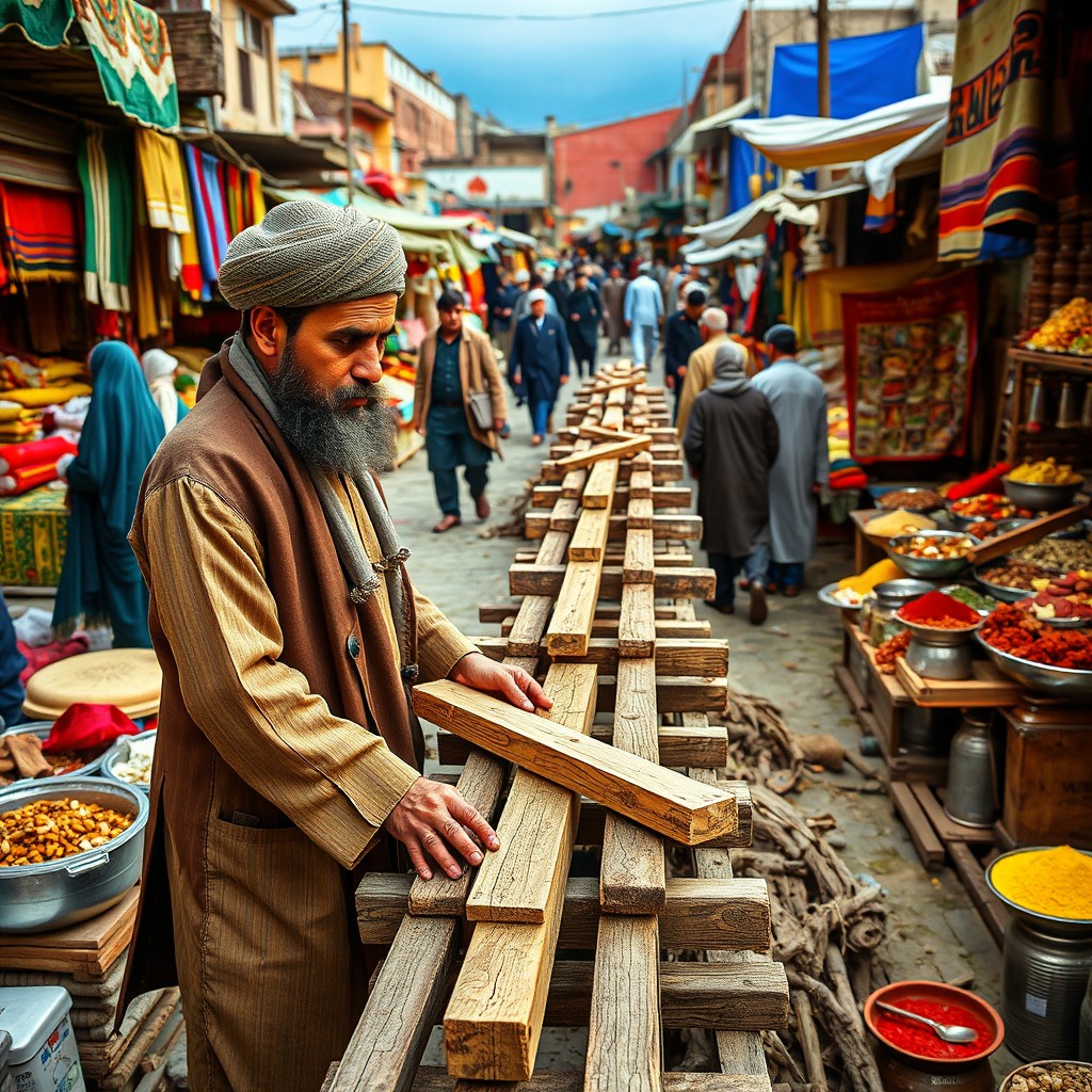 A Muslim Afghan man engaged in the construction of a bridge in a vibrant market setting in Afghanistan