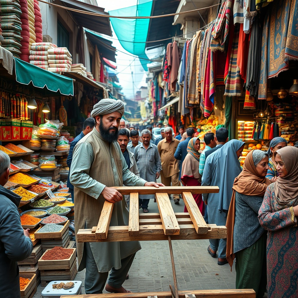 A Muslim Afghan man constructing a bridge in a lively market place in Afghanistan