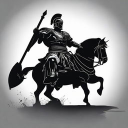 Create a powerful image of a Roman centurion in black silhouette, brandishing a spear and charging forward on a chariot.