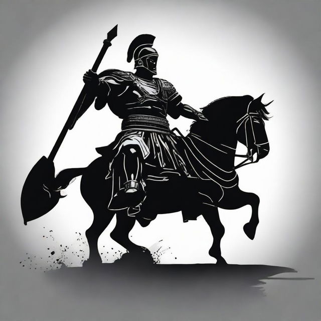 Create a powerful image of a Roman centurion in black silhouette, brandishing a spear and charging forward on a chariot.