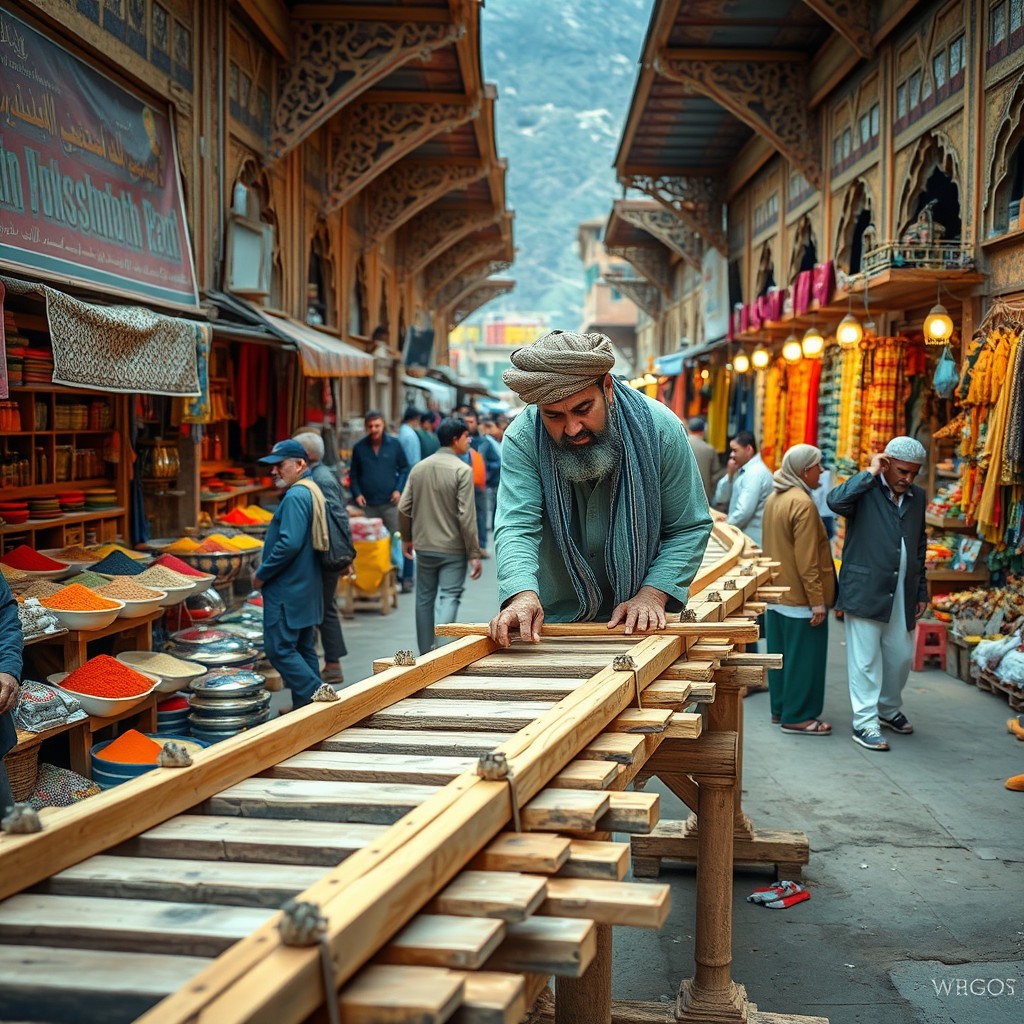 A Muslim Afghan man diligently constructing a bridge for pedestrians in a bustling marketplace in Afghanistan
