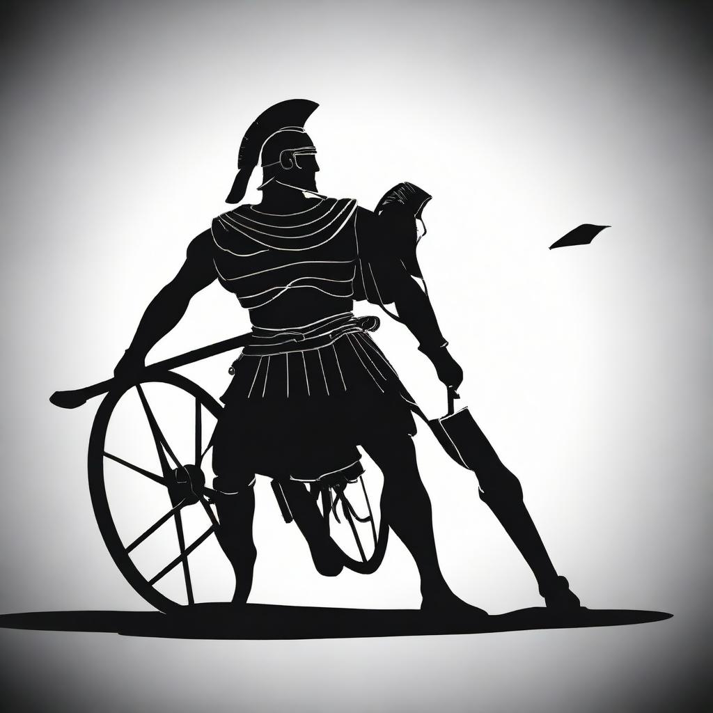 Create a powerful image of a Roman centurion in black silhouette, brandishing a spear and charging forward on a chariot.