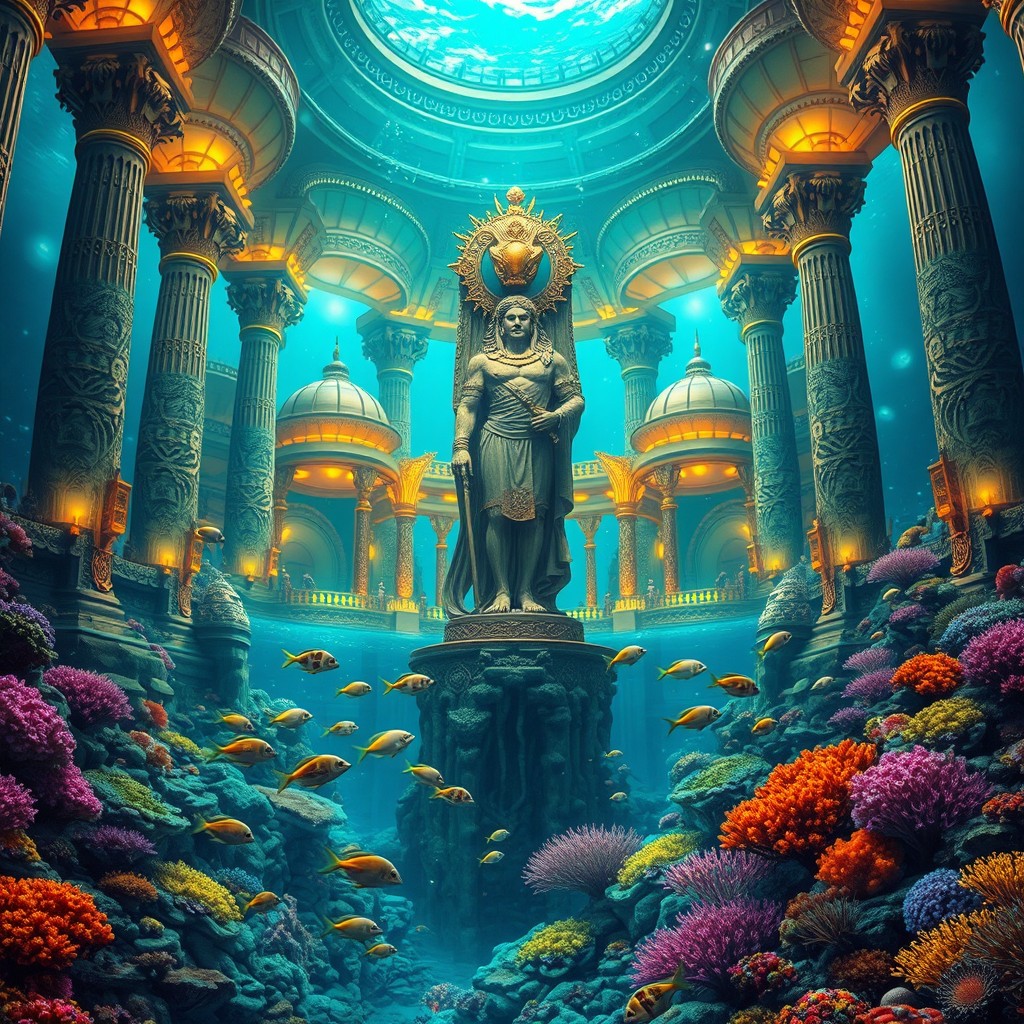 A beautifully detailed underwater city of Atlantis, surrounded by vibrant coral reefs and exotic sea creatures