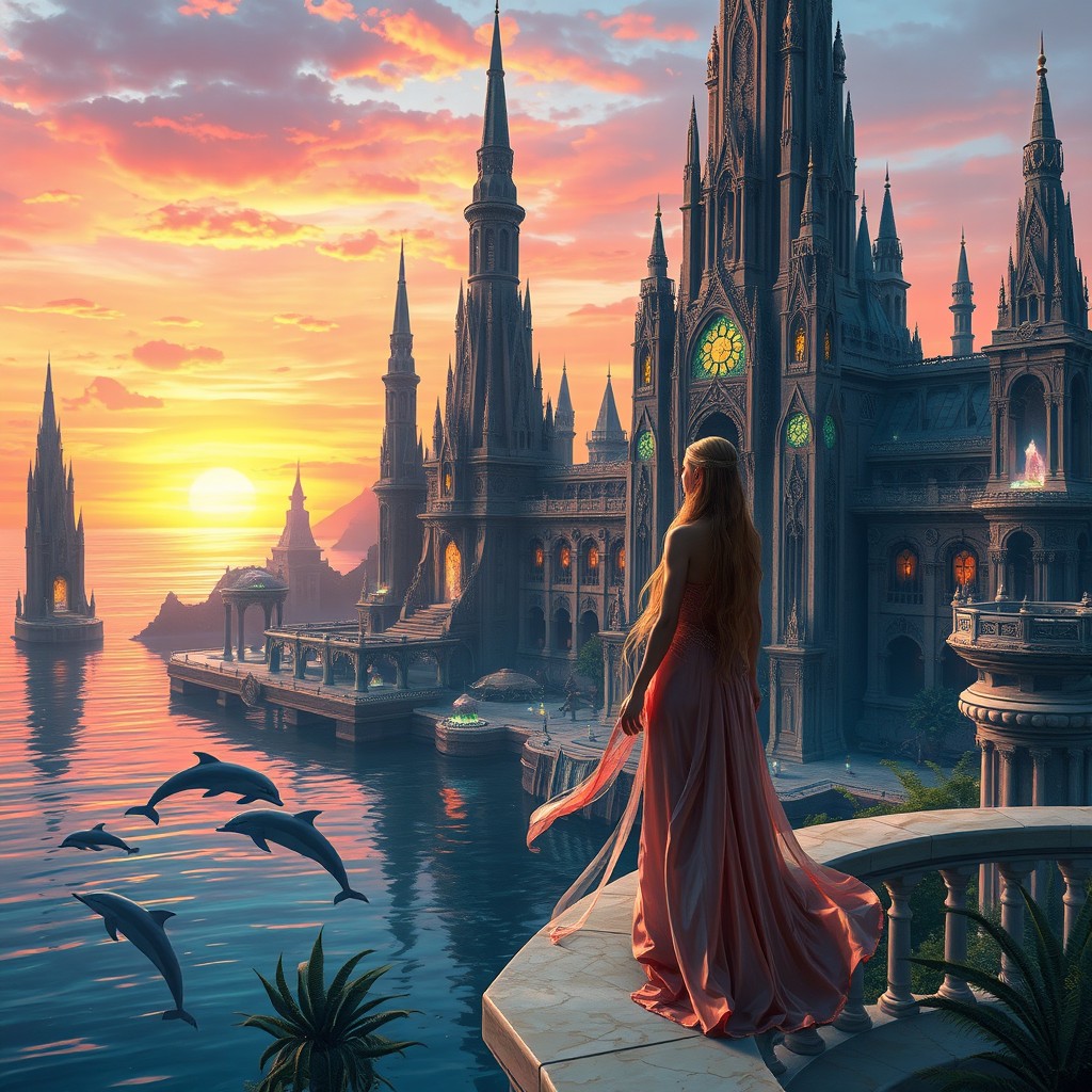 An Atlantean cityscape, featuring grand and ornate architecture with tall spires, intricate carvings, and luminescent crystals embedded in the structures