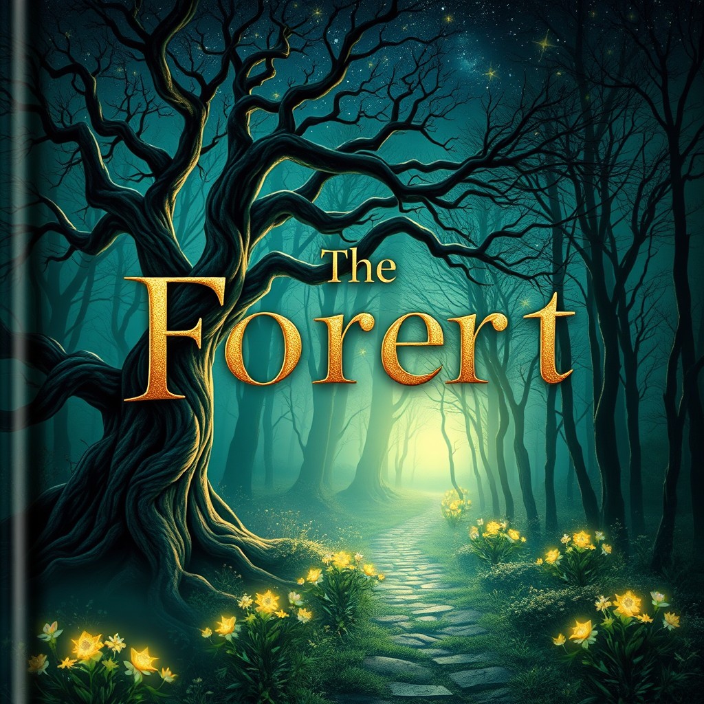 A captivating book cover design featuring a mysterious forest with an enchanting glow
