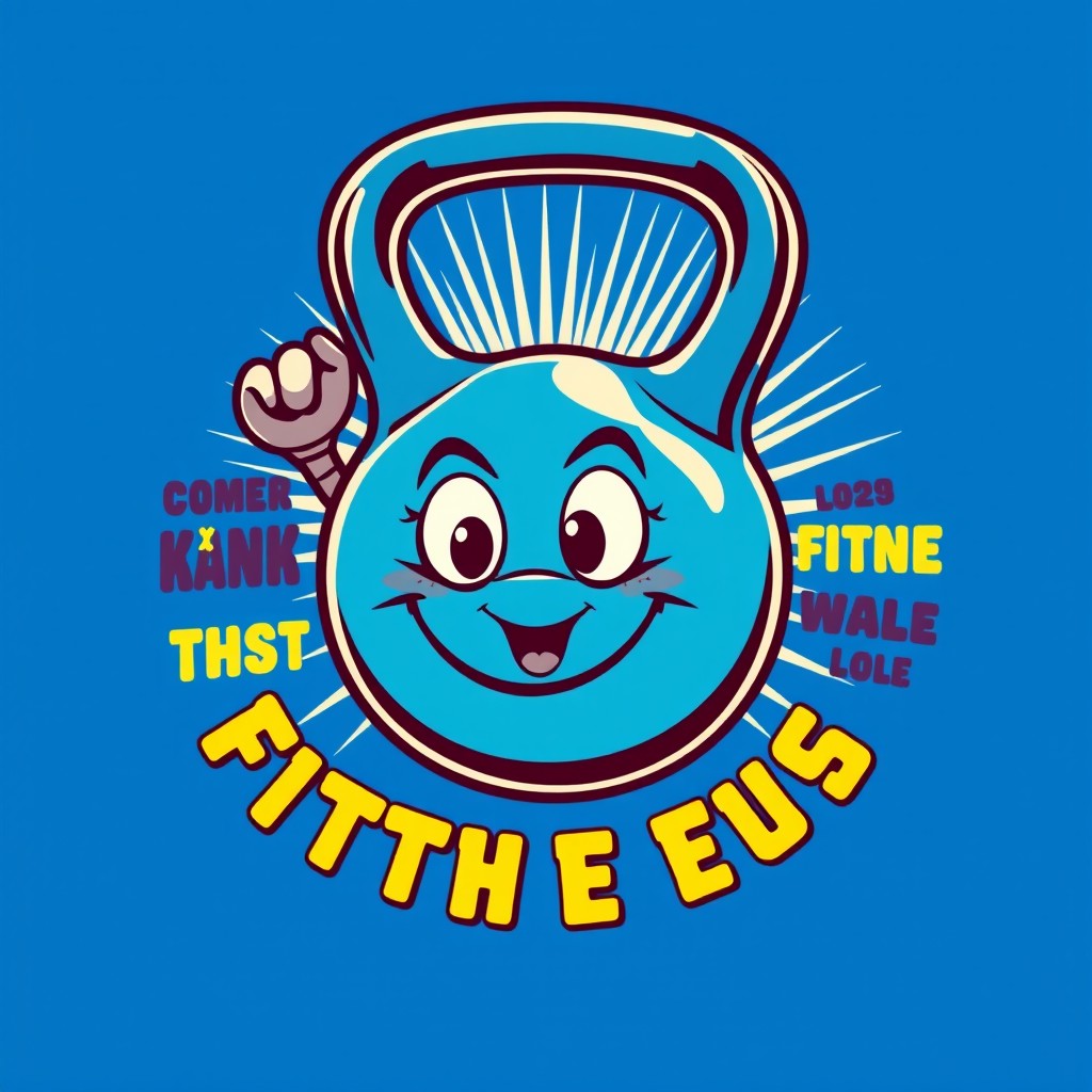 A vibrant blue t-shirt design featuring a retro illustration of a fun and expressive kettlebell character