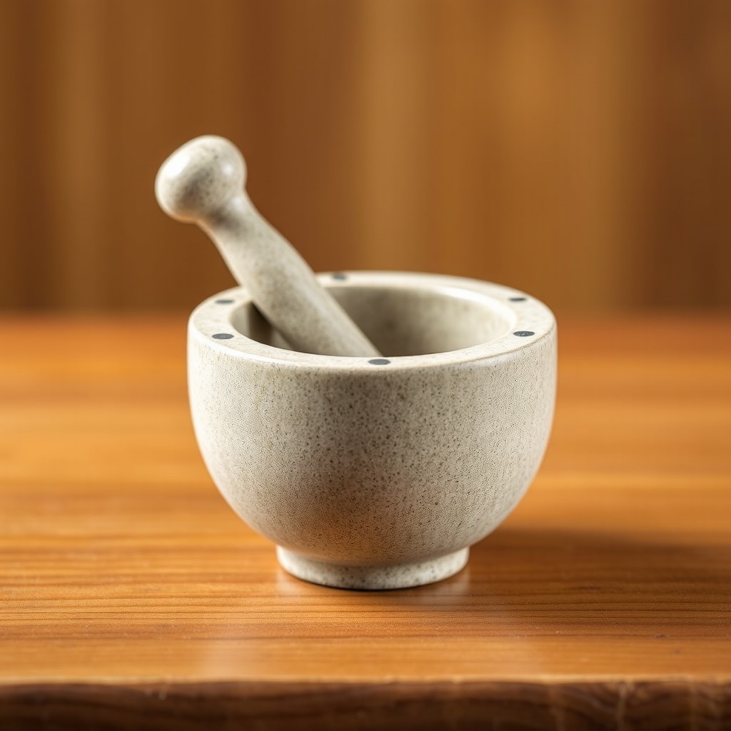 A small mortar and pestle set, beautifully crafted, sitting on a wooden surface