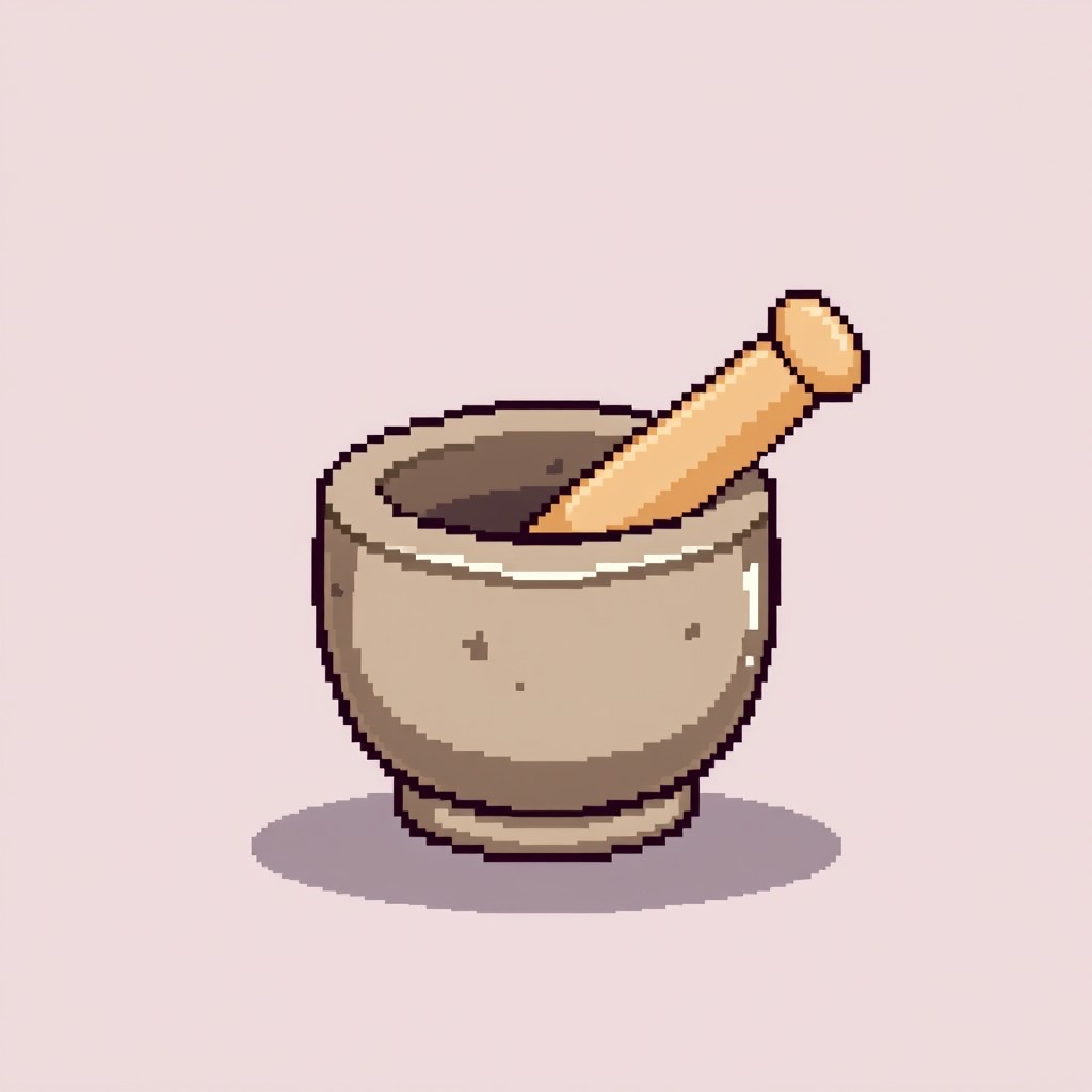 A small, cute mortar and pestle designed in a delightful pixel art style
