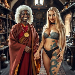 In a medieval room filled with various relics, a 40-year-old African woman, undernourished and short, wears a white 18th-century colonial judge's wig and has a bright, joyful smile