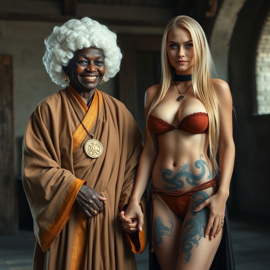 In a medieval room, a 45-year-old African woman, undernourished and short, is wearing a white 18th-century colonial judge's wig and displays a joyful smile