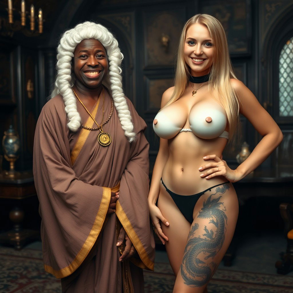 In a noble medieval room filled with rich decor, an African woman around 40 years old, appearing undernourished and short, smiles radiantly