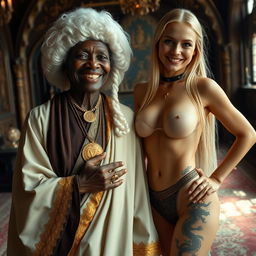 In a noble medieval room filled with rich decor, an African woman around 40 years old, appearing undernourished and short, smiles radiantly