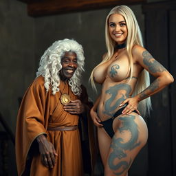 In a medieval room, a short, malnourished, 90-year-old African woman beams with happiness, wearing a white 18th-century colonial judge wig