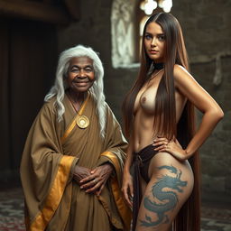 In a medieval room, a short, malnourished, 90-year-old African woman beams with happiness, wearing a white 18th-century colonial judge wig