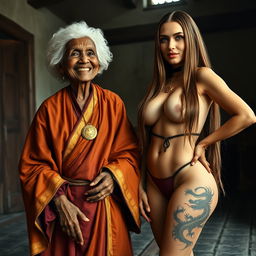 In a medieval room, a short, malnourished, 90-year-old African woman beams with happiness, wearing a white 18th-century colonial judge wig