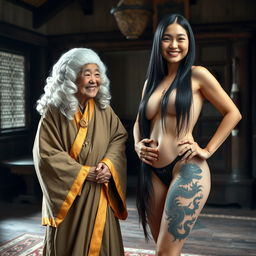 In a medieval room, a 90-year-old Chinese woman, short and undernourished, wears a white 18th-century colonial judge's wig and smiles blissfully