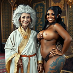 In an opulent medieval noble room, a short, emaciated 40-year-old white woman with bright blue eyes beams with joy as she wears a white 18th-century colonial judge wig