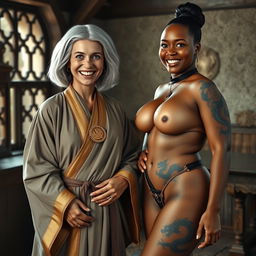 In a medieval room, a detailed scene features a 40-year-old German woman, petite and appearing malnourished, smiling joyfully