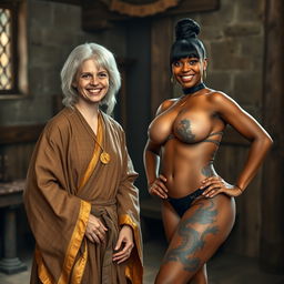 In a medieval room, a detailed scene features a 40-year-old German woman, petite and appearing malnourished, smiling joyfully