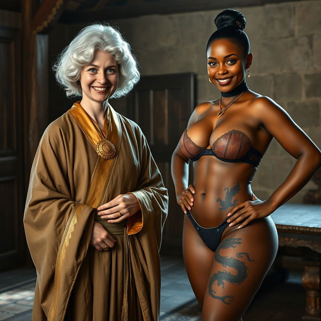 In a medieval room, a detailed scene features a 40-year-old German woman, petite and appearing malnourished, smiling joyfully