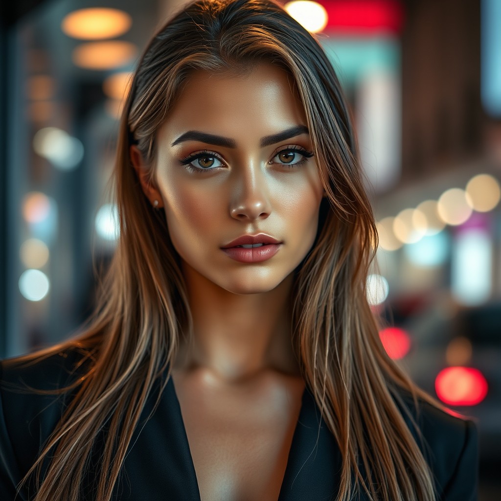A stunning and glamorous young woman with a confident attitude, showcasing long shiny hair that appears slightly wet
