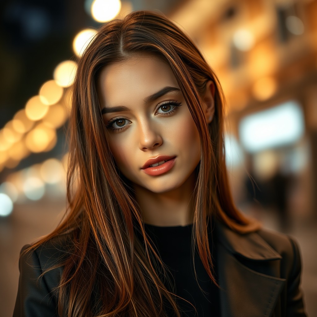 A stunning and glamorous young woman with a confident attitude, showcasing long shiny hair that looks slightly wet