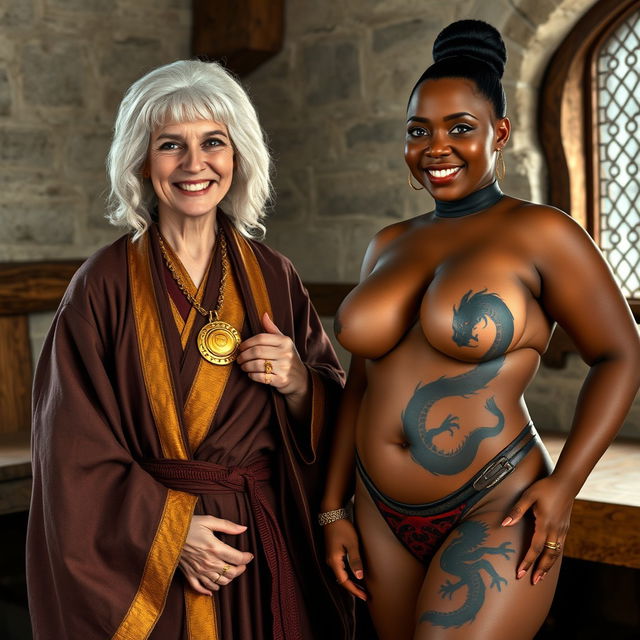 In a medieval room, a cheerful German woman, aged 40, petite and undernourished, wearing a white colonial judge wig from the 18th century, with bright blue eyes and a big smile