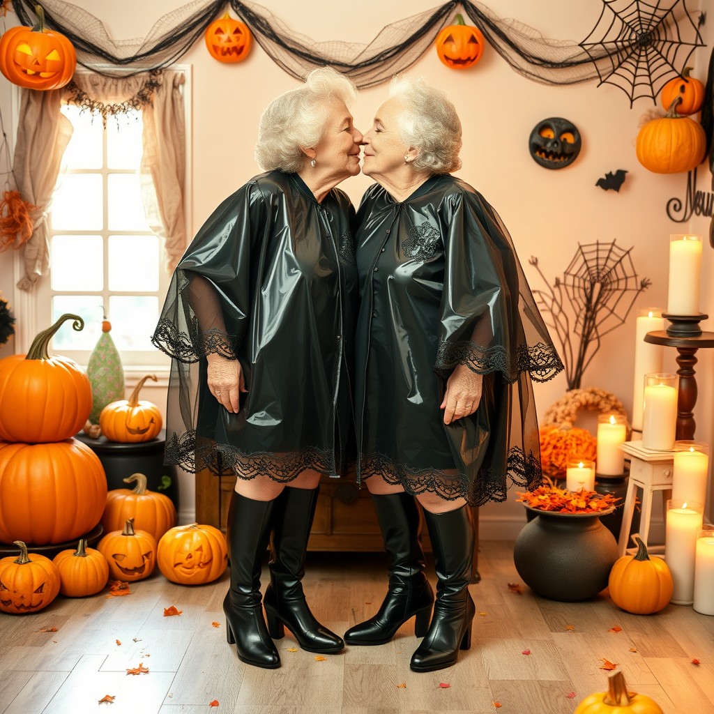 Two elderly cleaning women in a whimsical Halloween setting, wearing chic high black heeled boots and stylish black plastic capes with delicate lace trim