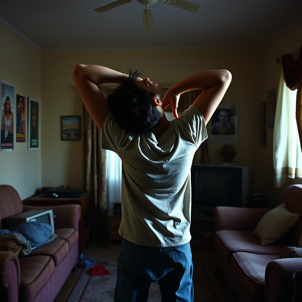 A teenage boy in a 1990s low light living room, standing with his back and neck arched backward dramatically