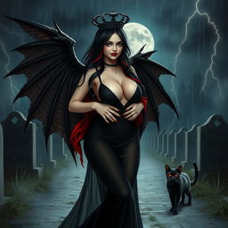 A realistic scene featuring a beautiful, innocent, curvy, sexy girl with very long black, red, and silver hair, adorned with a sweet, soft face that showcases dark gothic makeup