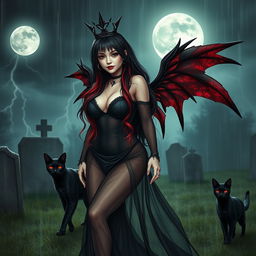 A realistic scene featuring a beautiful, innocent, curvy, sexy girl with very long black, red, and silver hair, adorned with a sweet, soft face that showcases dark gothic makeup
