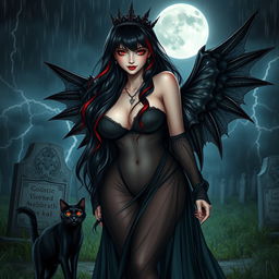 A realistic scene featuring a beautiful, innocent, curvy, sexy girl with very long black, red, and silver hair, adorned with a sweet, soft face that showcases dark gothic makeup