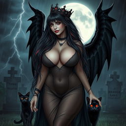 A realistic scene featuring a beautiful, innocent, curvy, sexy girl with very long black, red, and silver hair, adorned with a sweet, soft face that showcases dark gothic makeup