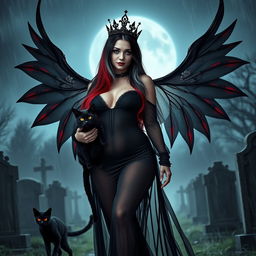 A photographic image featuring a beautiful, innocent, curvy, sexy girl with very long black, red, and silver hair