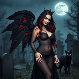 A photographic image featuring a beautiful, innocent, curvy, sexy girl with very long black, red, and silver hair