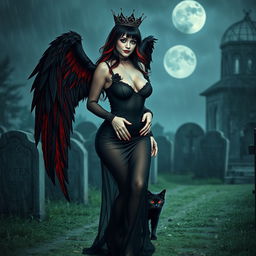 A photographic image featuring a beautiful, innocent, curvy, sexy girl with very long black, red, and silver hair