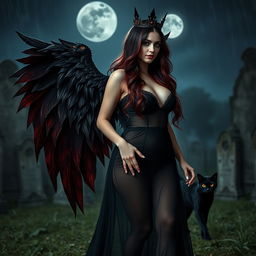 A photographic image featuring a beautiful, innocent, curvy, sexy girl with very long black, red, and silver hair