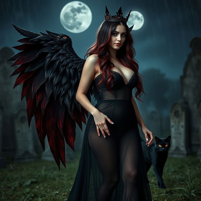 A photographic image featuring a beautiful, innocent, curvy, sexy girl with very long black, red, and silver hair