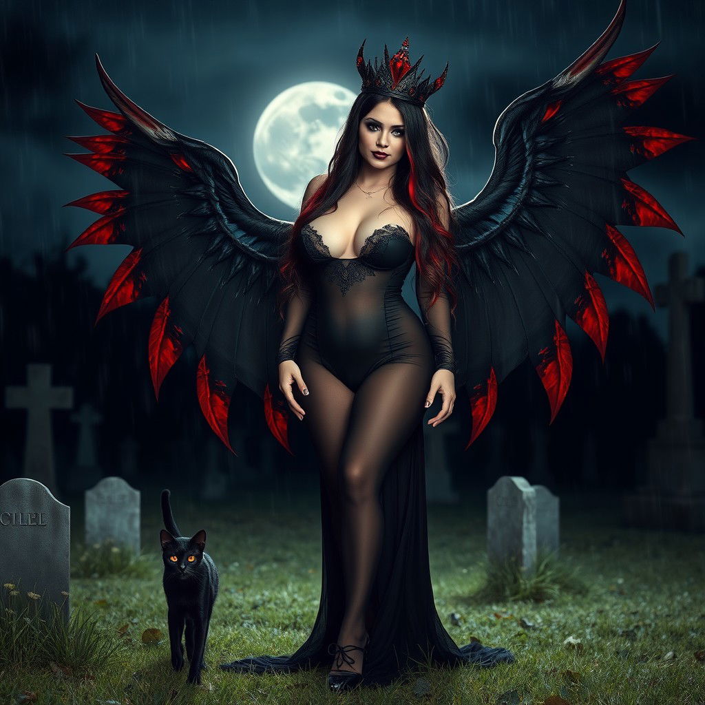 A photographic image capturing a beautiful, innocent, curvy, sexy girl with very long black, red, and silver hair cascading around her