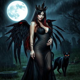 A photographic image capturing a beautiful, innocent, curvy, sexy girl with very long black, red, and silver hair cascading around her