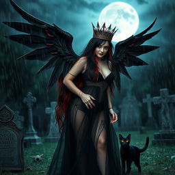 A photographic image capturing a beautiful, innocent, curvy, sexy girl with very long black, red, and silver hair cascading around her