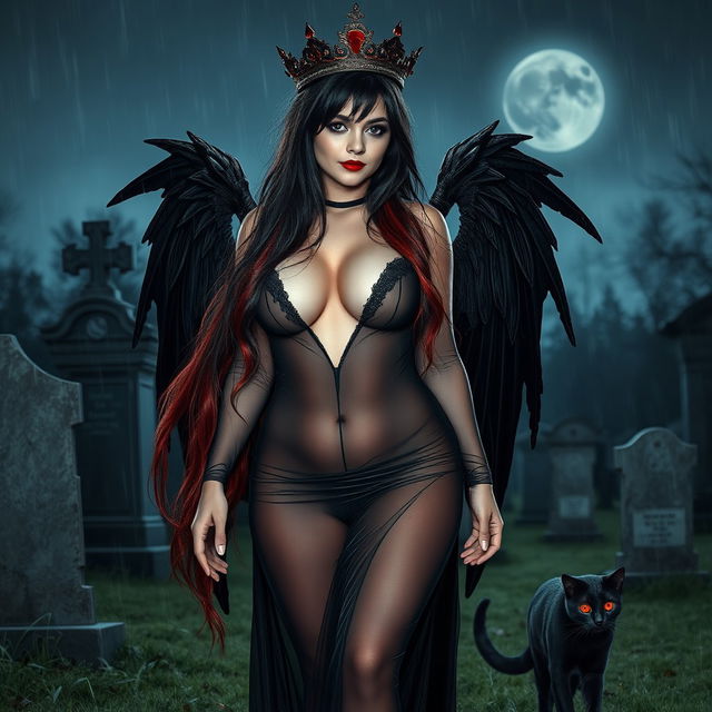 A photographic image capturing a beautiful, innocent, curvy, sexy girl with very long black, red, and silver hair cascading around her