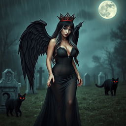 A photographic image depicting a beautiful, innocent, curvy, sexy girl with very long black, red, and silver hair