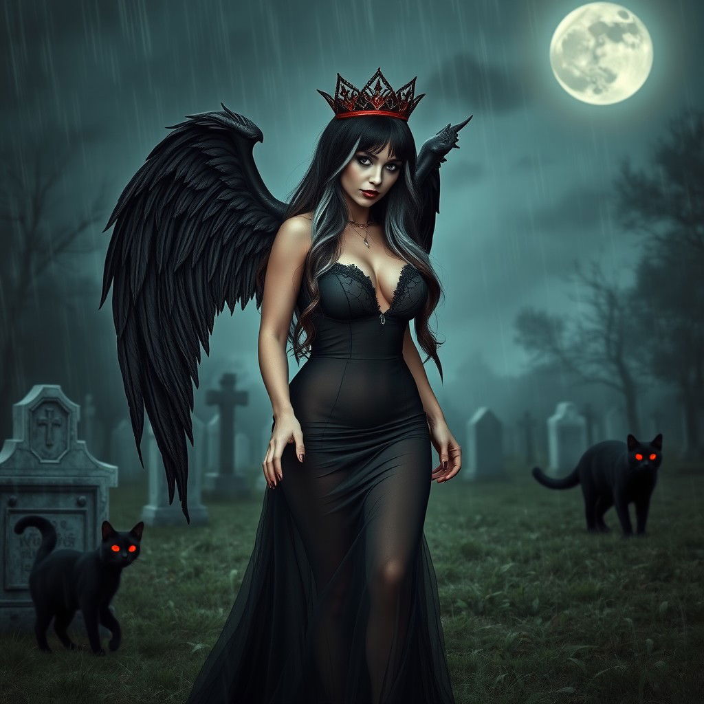 A photographic image depicting a beautiful, innocent, curvy, sexy girl with very long black, red, and silver hair